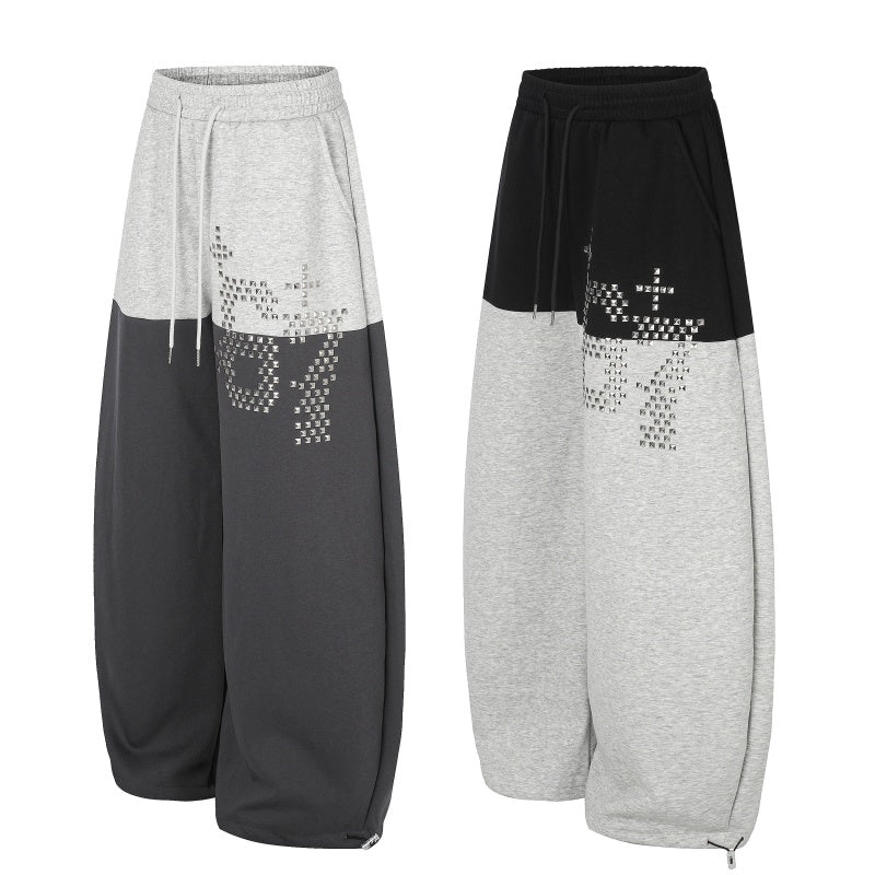 American-style streetwear harem pants Contrast Panel Rhinestone Graphic Baggy Bottoms