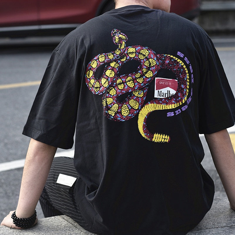 Mens T-shirt Vintage American-style Loose-fit patch-pocket Rattlesnake