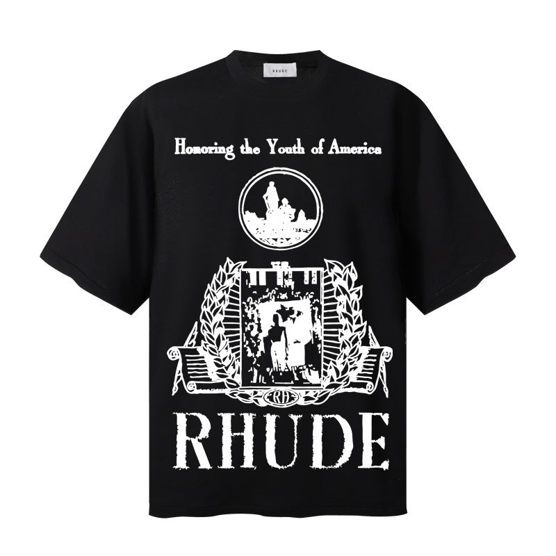 RHUDE T Shirts Old‑Script Typography Heritage Crest Print