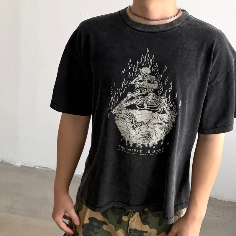 Unisex Vintage T Shirts GALLERY DEPT. 26SS "THE WORLD IS OURS" Limited Edition: Heavyweight, washed-and-distressed streetwear T-shirt featuring a boxy, cropped punk-inspired fit.