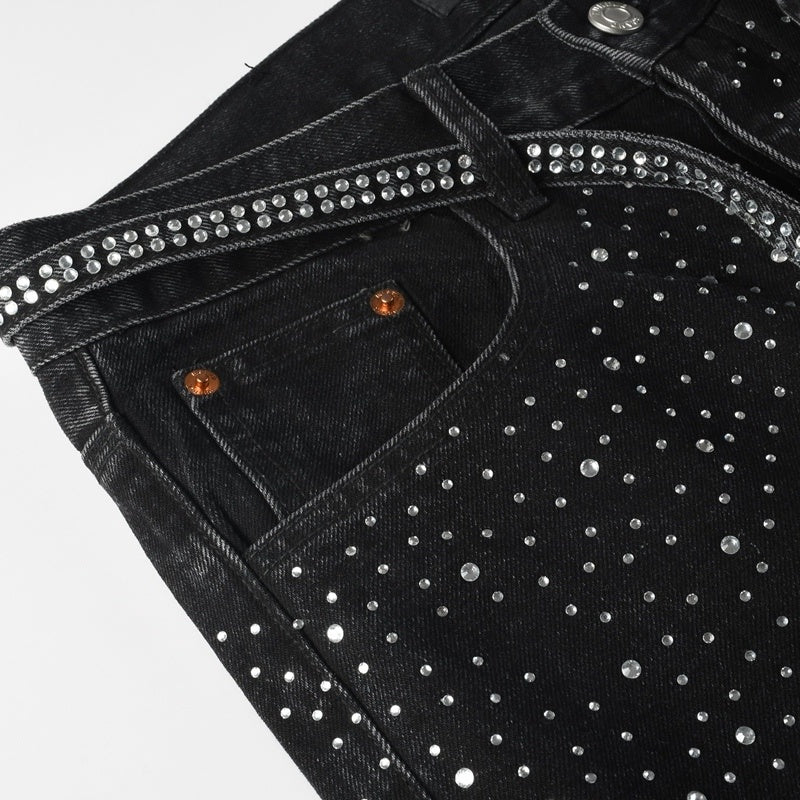 Purple brand Jeans High-quality pure cotton streetwear trousers Rhinestone-embellished loose straight-leg trousers Comes with a belt
