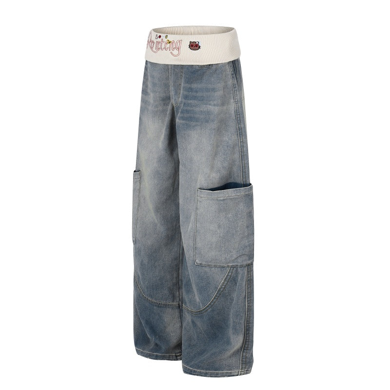 American-style streetwear harem pants Faded Wash Contrast Rib Waist Cargo Curved Bottoms