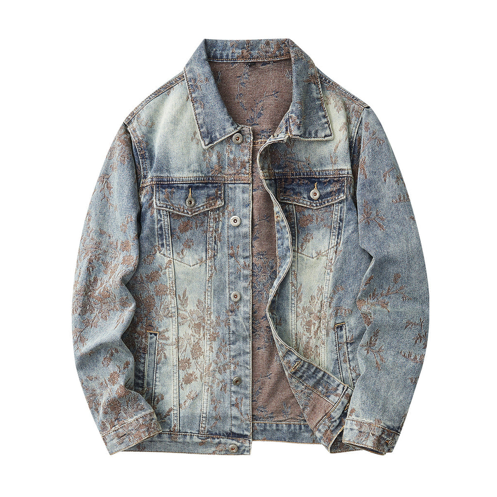 Denim Jacket & Jeans High-Street Trend Retro Casual Matching Botanical Graphic Trucker Jacket and Slim-Fit Pants Outfit(jacket and jeans must be purchased separately.)