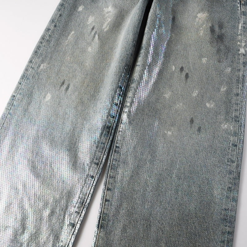 Purple brand Jeans High-quality pure cotton streetwear trousers Oil-finish loose straight-leg trousers