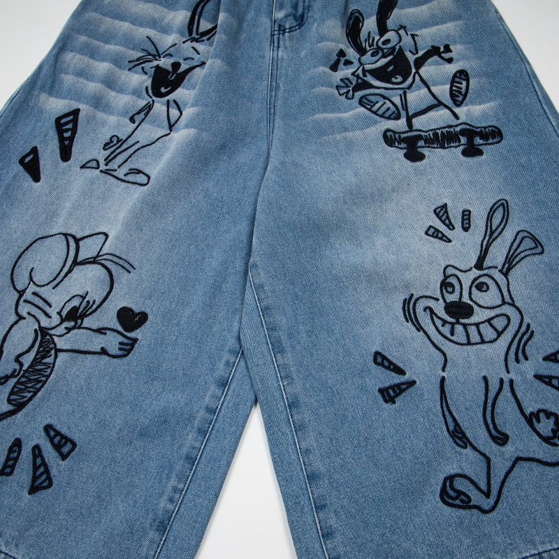 Street-style vintage Cropped trousers Retro Casual Harajuku Style Straight-Leg Denim Trousers with Cute Sketch Character Prints