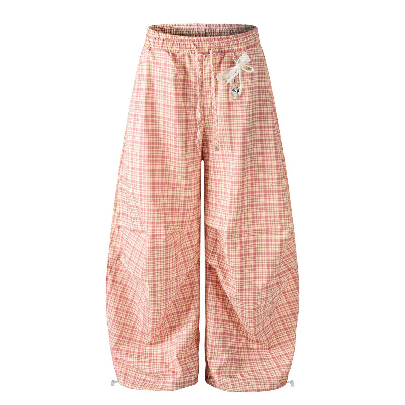 American-style streetwear harem pants Plaid Bow Tie Ruched Curved Bottoms