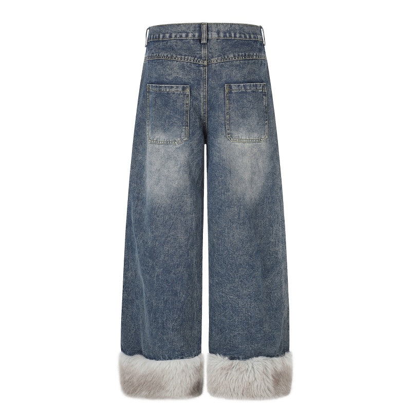 American-style streetwear harem pants Grunge Furry Hem Contrast Plaid Pocket Denim