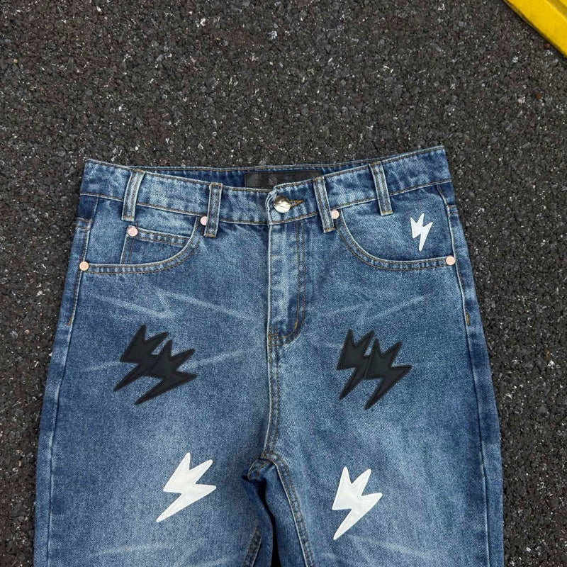 Lightning Pattern Jeans High-quality high-street pure cotton trousers