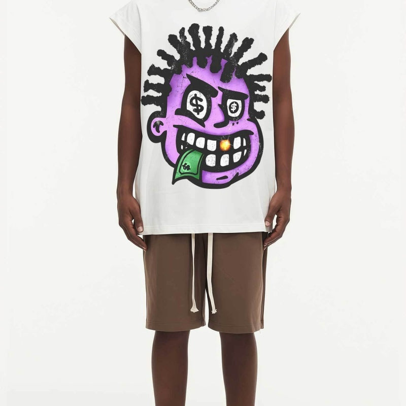 BIG FACE Drop-Shoulder Tank Top High-street vintage style featuring a small neckline, white-ink digital direct-to-garment (DTG) printing, and a heavy-duty, distressed wash finish; crafted from 260g double-yarn plain-knit fabric.