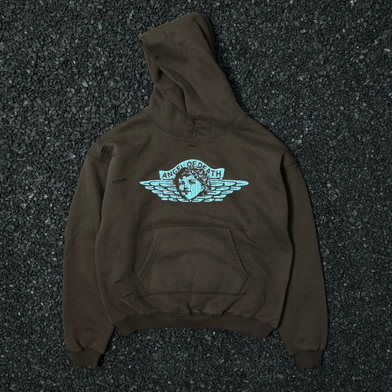 Unisex Vintage Hoodie"Little Angel Exclusive" – Vintage American-style hooded sweatshirt featuring a washed, distressed finish, handcrafted distressing details, a brushed texture, and a fleece-lined interior.