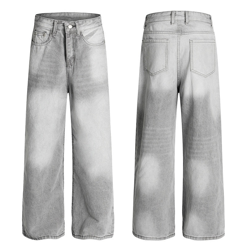 American-style streetwear harem pants Light Grey Shadow Fade Denim Trousers
