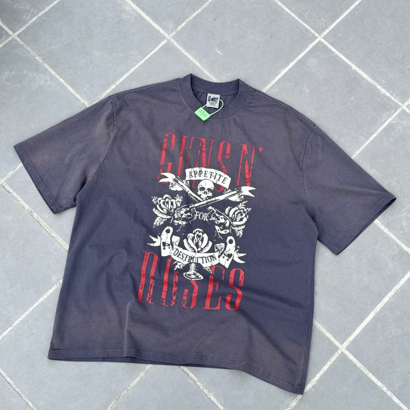 Unisex Vintage T Shirts Guns N' Roses x Harley-Davidson Limited Collaboration: Graphite Blue Short-Sleeve T-Shirt. Features a washed, distressed finish with "whiskering" effects and premium American-style plastisol screen printing. High-quality textu