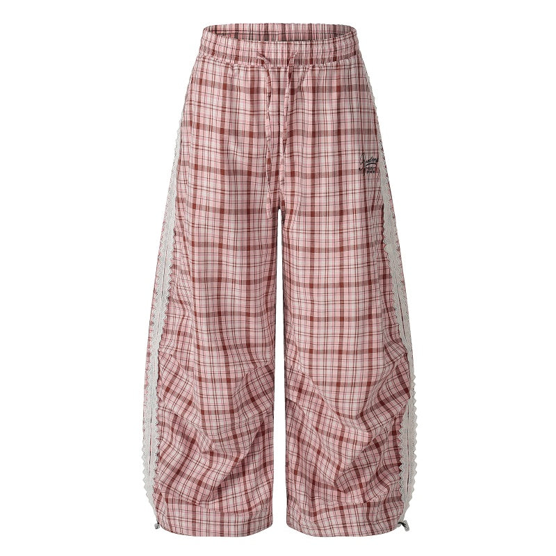 American-style streetwear harem pants Plaid Fringe Trim Ruched Curved Bottoms