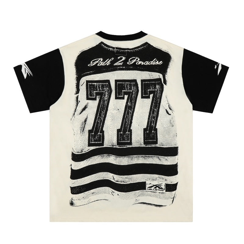 Vintage-style American T-shirt Monochrome Masked Figure Raglan Portrait Print