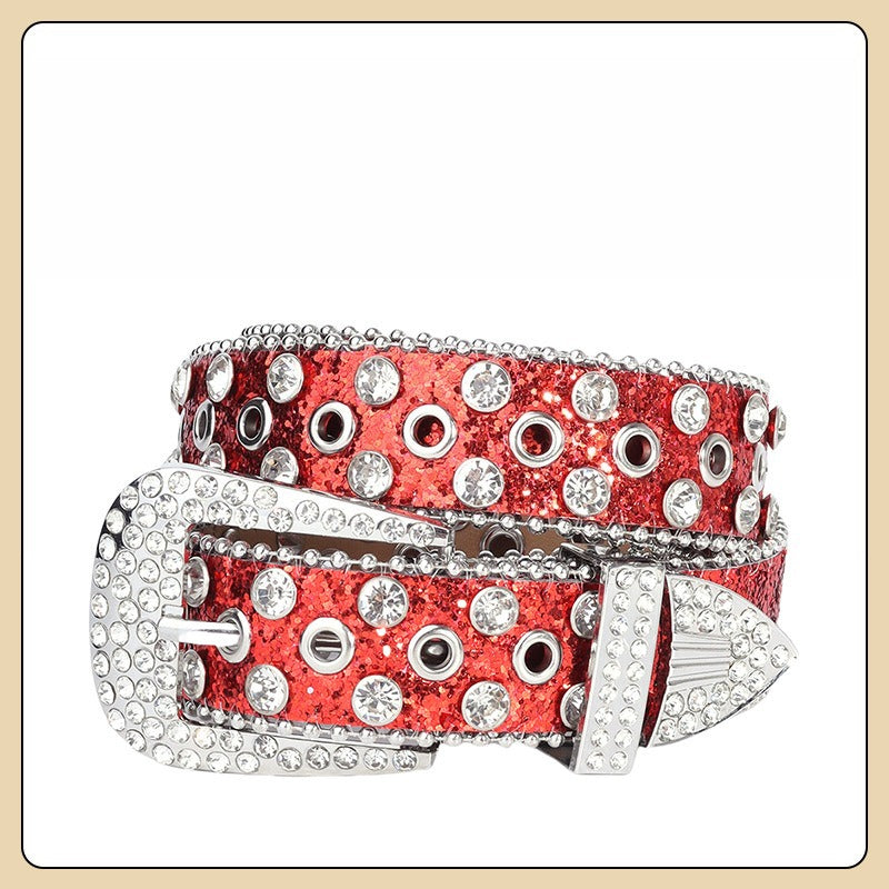 Hip-hop punk rhinestone belt with multiple air eyelet decoration