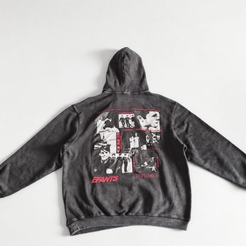 ERD Hoodie Vintage Washed Kangaroo Pocket Double-Sided Letter Portrait Slouchy