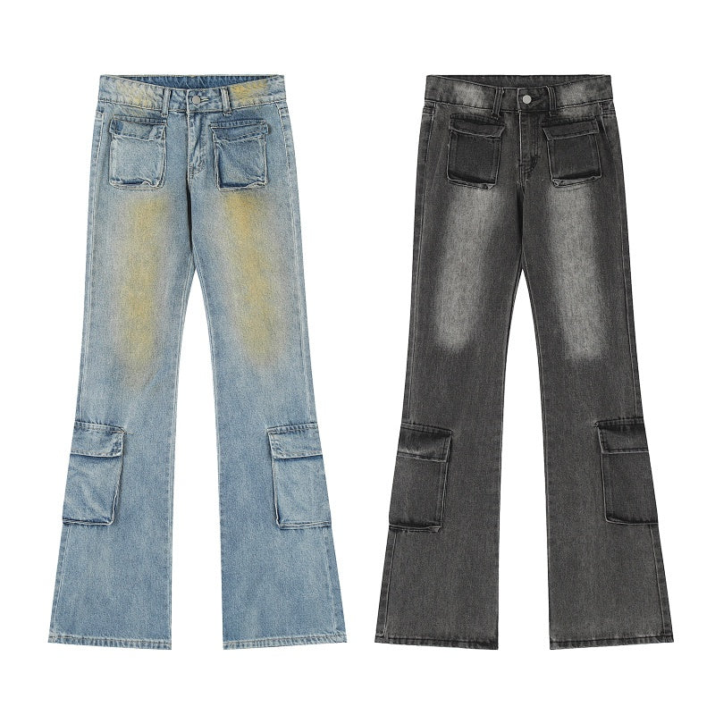 American-style streetwear harem pants Retro Bleach Wash Wide Flare Cargo Jeans