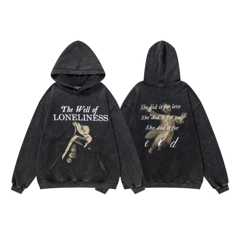 ERD Hoodie Two-Side Retro Letter Portrait Washed Oversized Hoodie