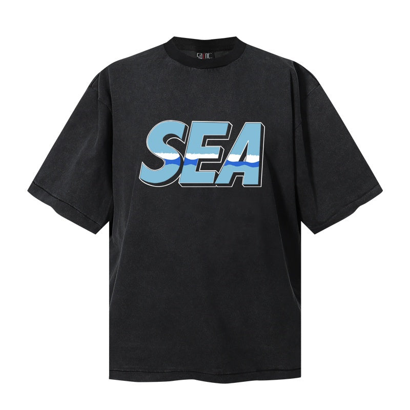 Saint Michael T Shirts Ocean Wave Inside SEA 3D Font Dark Washed Front Graphic