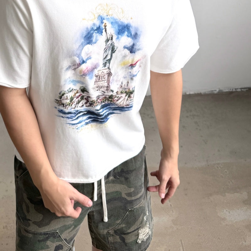 Unisex Vintage T Shirts SAINT MICHAEL × Takashi Murakami Collaboration: "Statue of Liberty" Oil Painting Graphic (Limited Edition). Features heavyweight 320g fabric (retaining its weight after washing) and authentic vintage construction with single-s