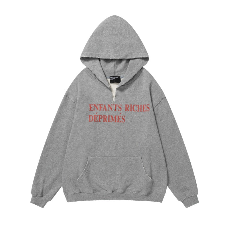 ERD Hoodie Light Gray Half-Zip Loose Top Minimal Red Script Chest Graphic