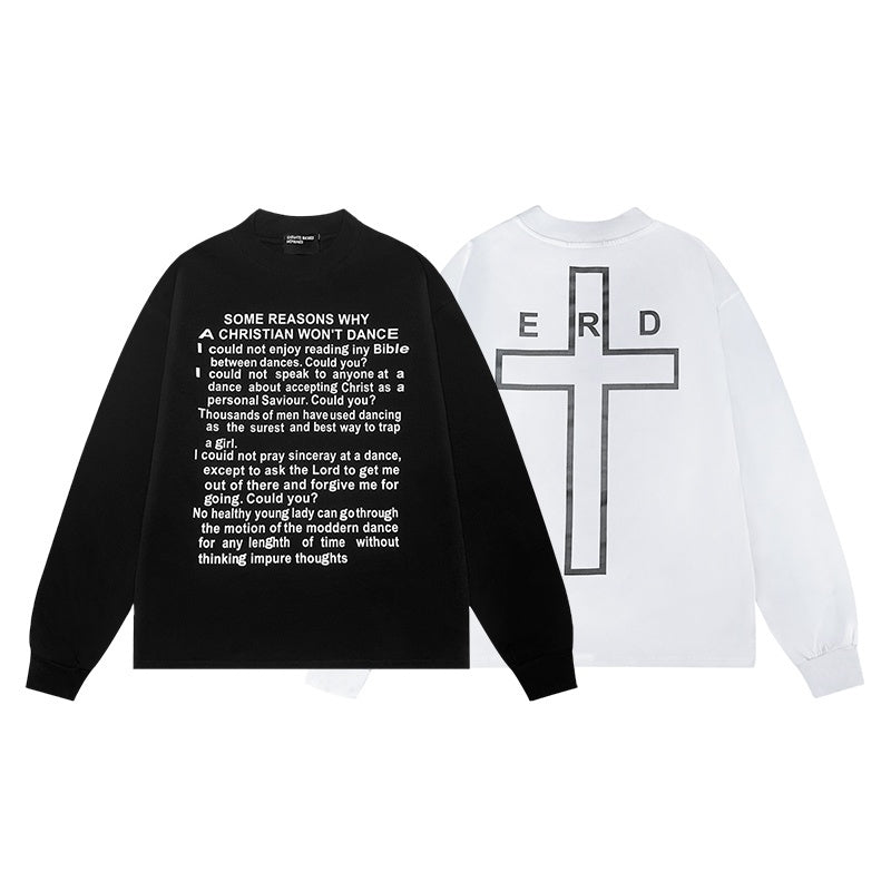ERD Long sleeved shirt  Streetwear Long Sleeve Tee Two-Tone Script & Outline Cross Print