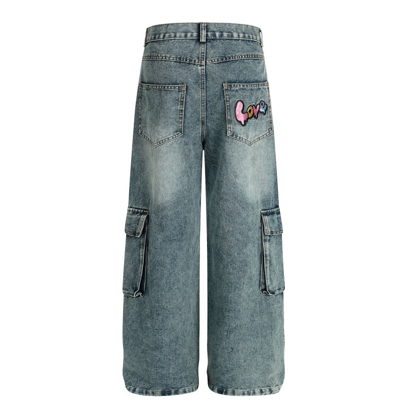 American-style streetwear harem pants Cute Bow Star Graphic Baggy Cargo Denim