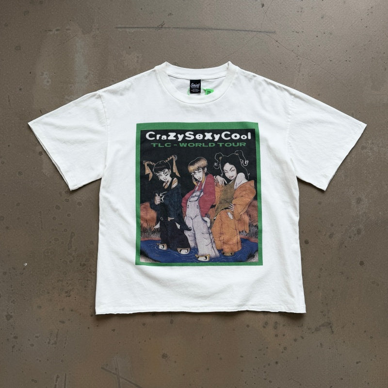 Unisex Vintage T Shirts Vintage-style line: A limited-edition, boxy, wide-neck streetwear T-shirt commemorating the 1994 "CrazySexyCool" world tour by the legendary American R&B girl group TLC; features a "grunge-punk" aesthetic.