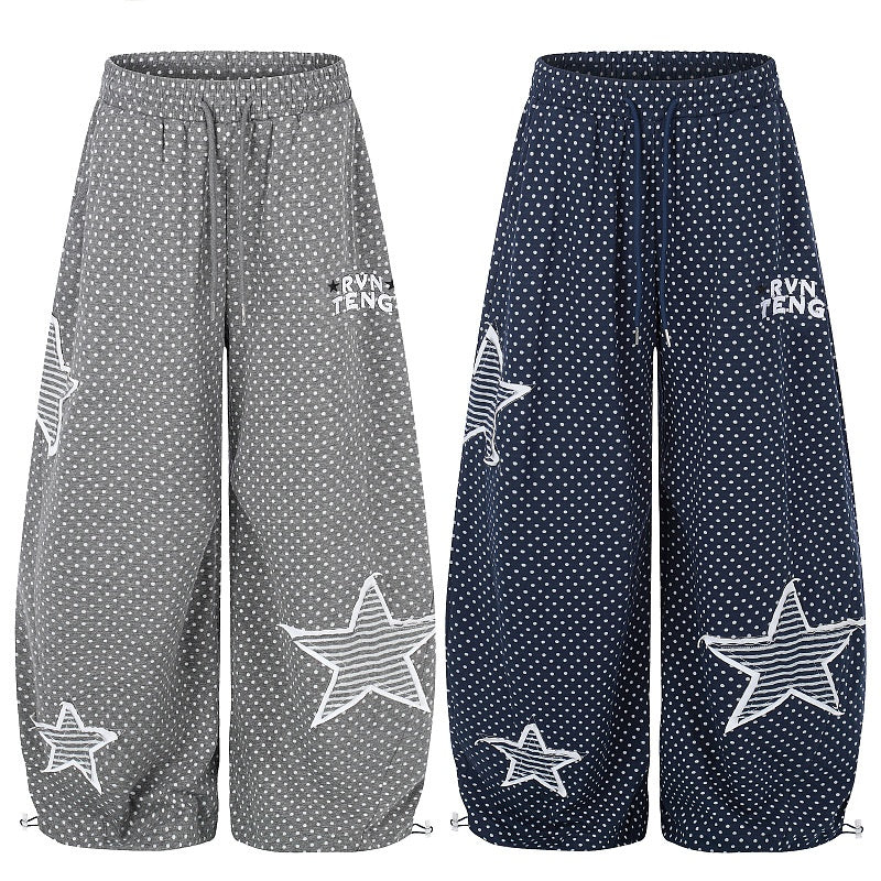 American-style streetwear harem pants Ruched Knee Polka Dot Star Embroidered Baggy Bottoms