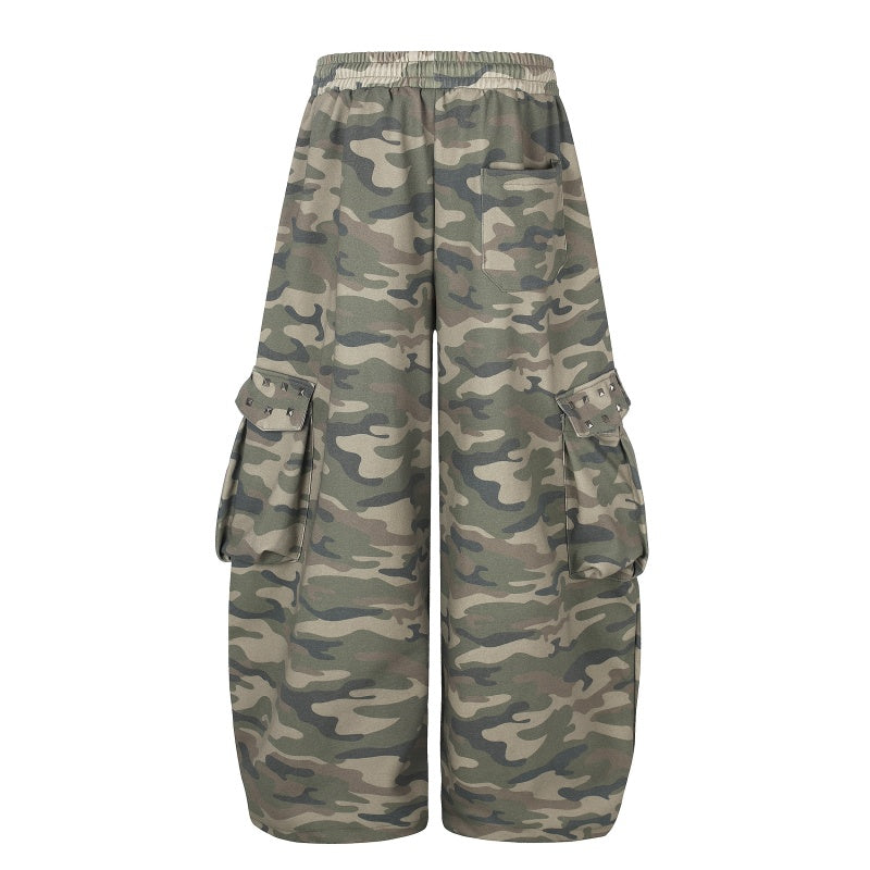 American-style streetwear harem pants Faded Camo Drawstring Wide Leg Cargo
