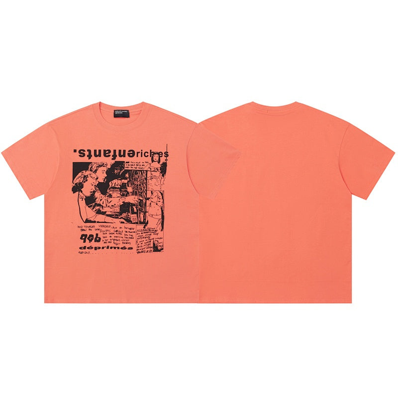 ERD T Shirts Bright Orange Distorted Text Vintage Sketch Collage Top