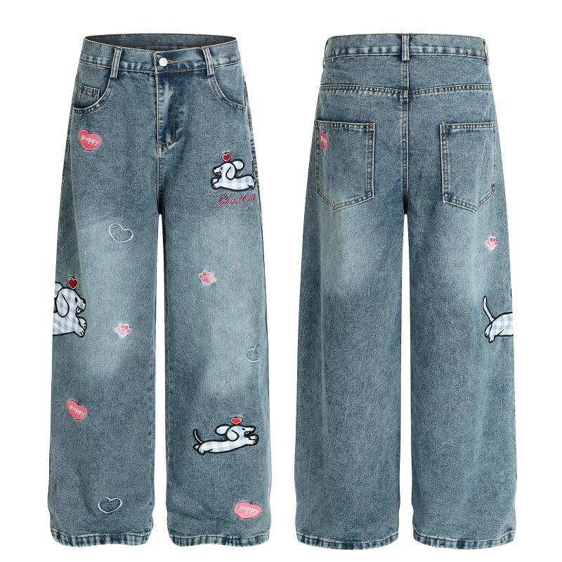 American-style streetwear harem pants Heart Sausage Dog Embroidered Wide Denim