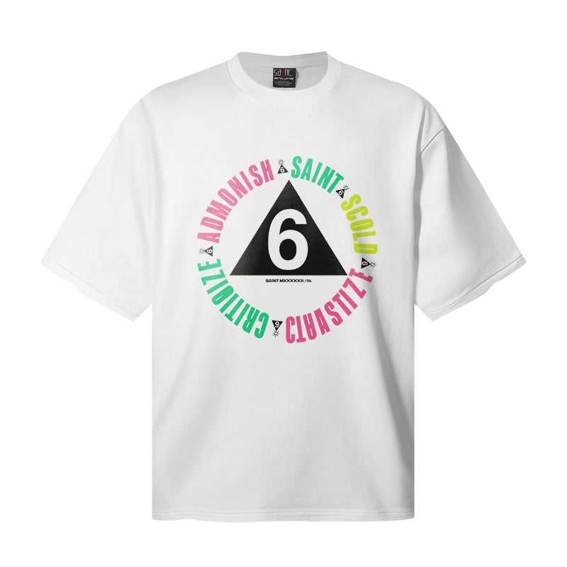 Saint Michael T Shirts White Oversized Triangle Number 6 Saint Circular Color Letter Graphic