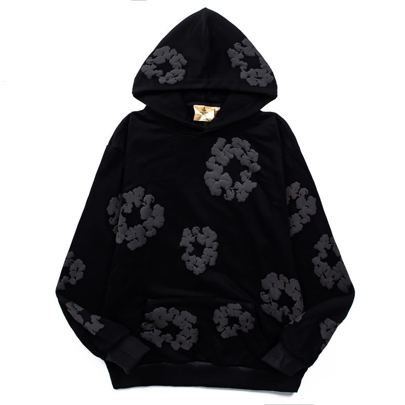 Denim Tears Hoodie Y2K All Black Cotton Wreath Floral Puff Printed Oversized Hoodie