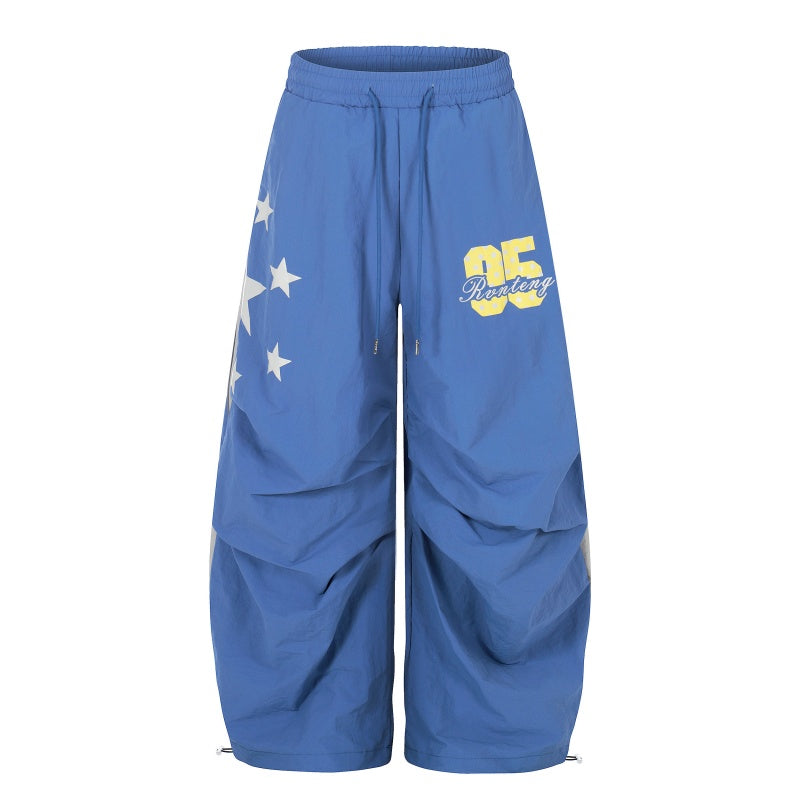 American-style streetwear harem pants Bright Star Number Gathered Wide Curved Pants