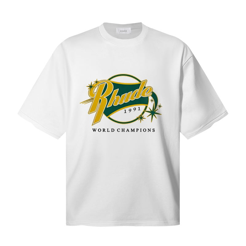 RHUDE T Shirts Athletic Champion Script Badge Art