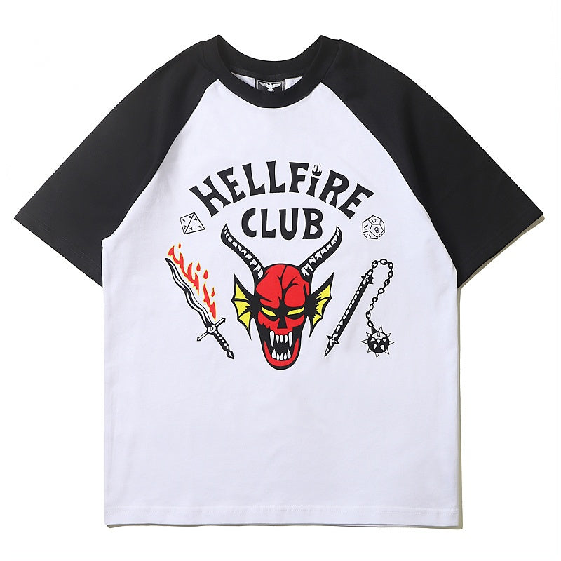 Mens T-shirt Vintage American-style "Stranger Things" Style Hellfire Club Print Raglan Tee