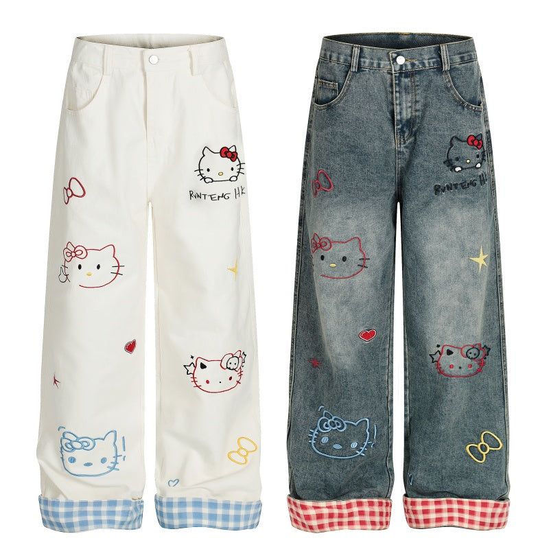 American-style streetwear harem pants Cute Cartoon Cat Stitched Roll Hem Denim