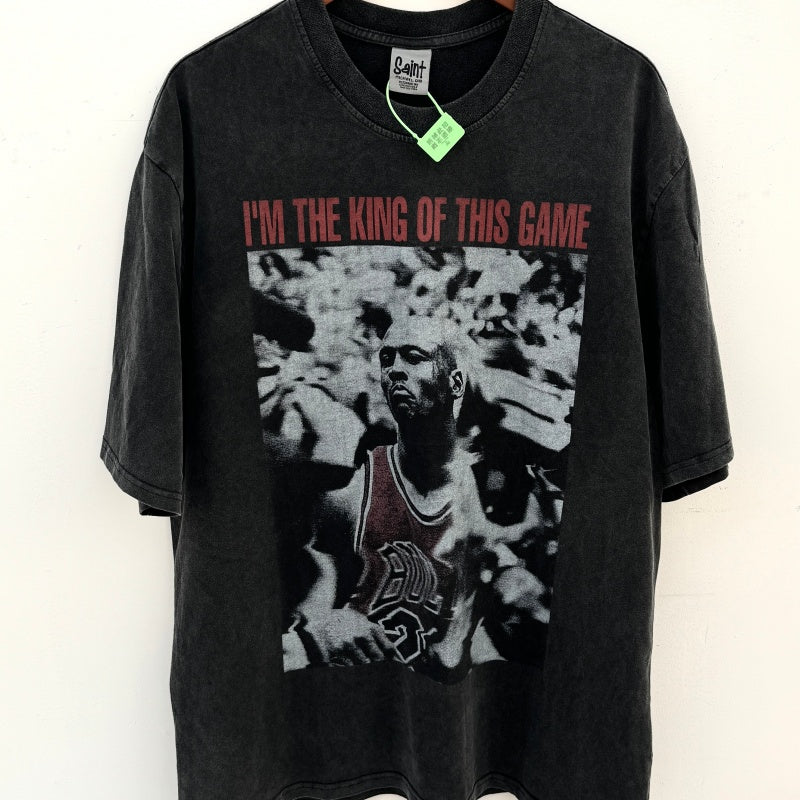 Unisex Vintage T Shirts MJ "Undefeated Ruler" Limited Edition – Heavyweight Distressed Wash Short-Sleeve T-Shirt. Crafted from custom heavyweight brushed fabric with a vintage feel. Features a premium combination of white ink direct printing and Amer