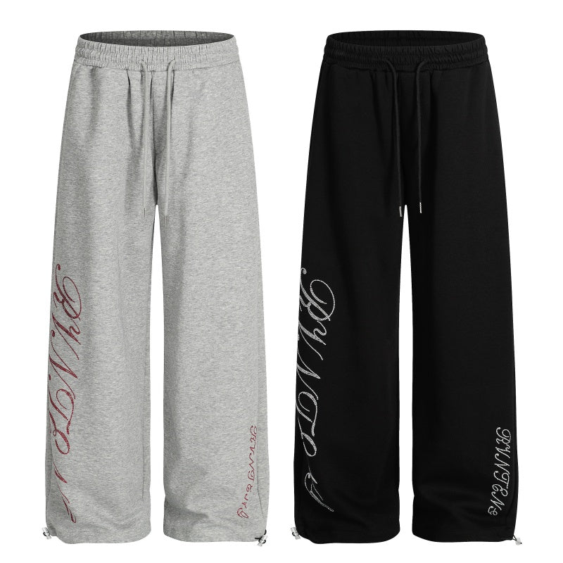 American-style streetwear harem pants Grey & Black Cursive Letter Baggy Trousers