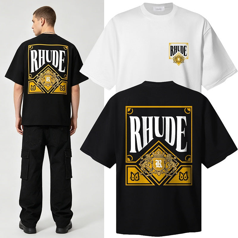 RHUDE T Shirts Gothic Frame Royal Crest Design