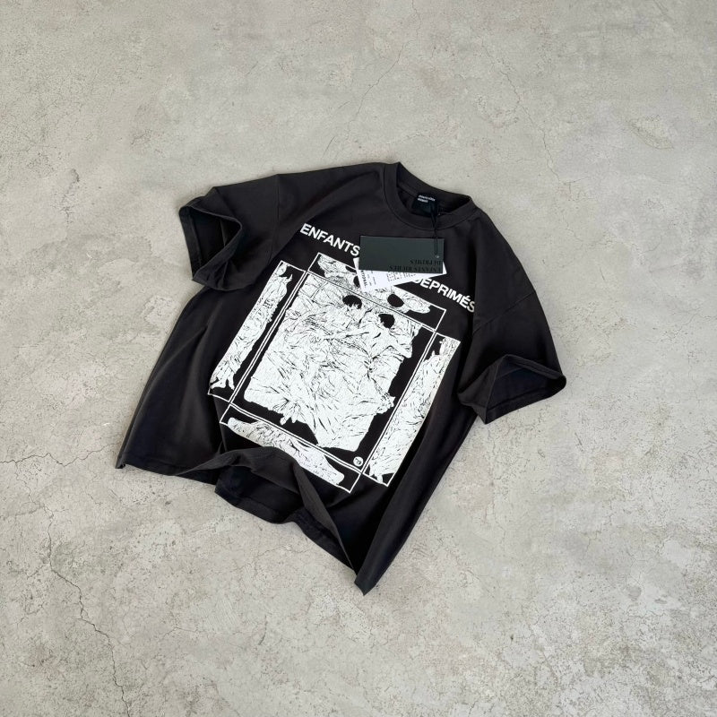 ERD T Shirts Framed Abstract Print Vintage Black Loose Tee