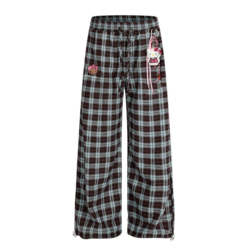 American-style streetwear harem pants Retro Plaid Kitty Embroidered Drawstring Trousers