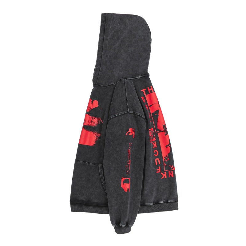 ERD Hoodie Stone Washed Dark Layer Front Red Geometric Figure Print Sleeve & Back Vertical Text Graphics