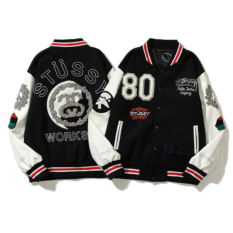 American-style baseball jacket Leather Sleeve S-Logo Graphic Oversized Embroidered Thickened Baseball Jacket – Embracing the "Vibe" Aesthetic
