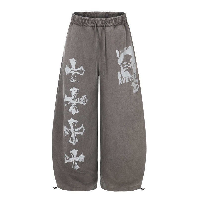 American-style streetwear harem pants Faded Cross Graphic Loose Sweat Trousers