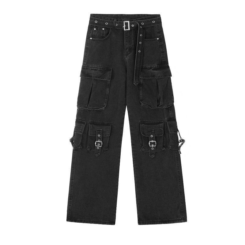 American-style streetwear harem pants Multiple Flap Pockets Streetwear Wide Denim