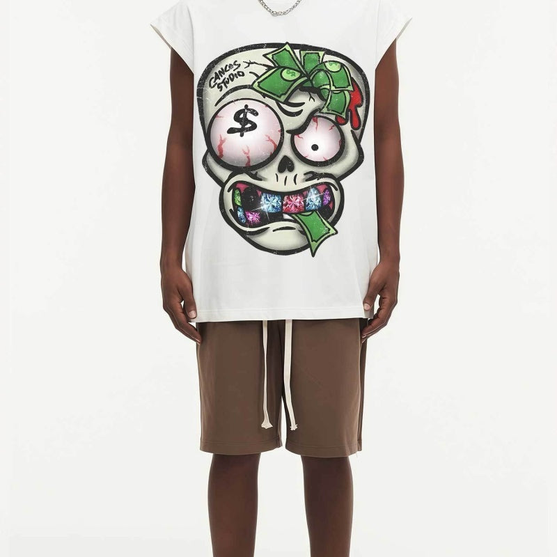 BIG FACE Drop-Shoulder Tank Top High-street vintage style featuring a small neckline, white-ink digital direct-to-garment (DTG) printing, and a heavy-duty, distressed wash finish; crafted from 260g double-yarn plain-knit fabric.