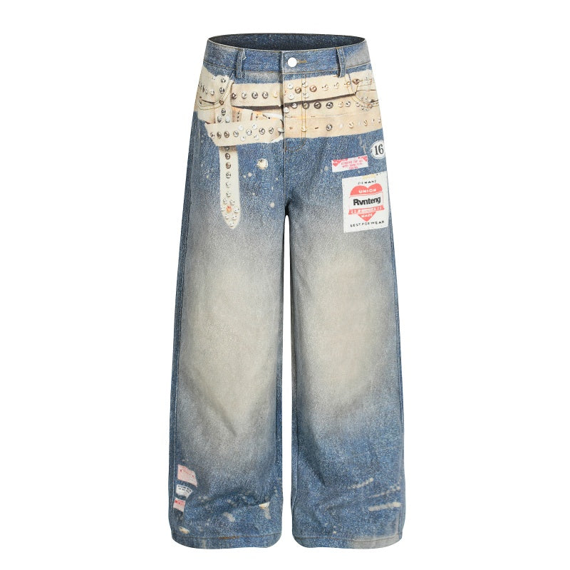American-style streetwear harem pants Studded Belt Patch Gradient Wide Denim