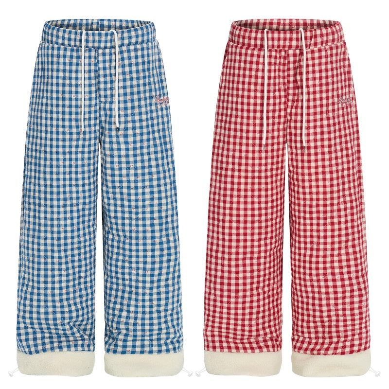 American-style streetwear harem pants Red & Blue Check Plush Lined Wide Cotton-padded trousers